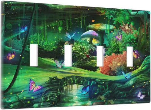 Decorative Switch Plate Covers Forest Spring Enchanted Fairy Wonderland Green Ground 4 Gang Device Light Switch Cover Quad Toggle Wall Plate Electrical Faceplate for Kidroom Decor by Sghxwp