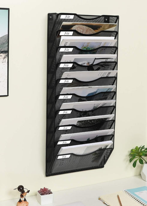 EasyPAG Hanging Wall File Organizer - 10 Tier Mesh Office Mail Paper Holder, Black