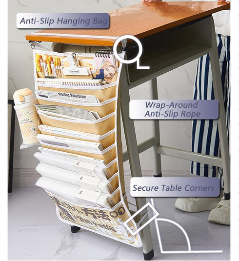 ALQFHFY Holder,11 Students Desk Hanging Organizer,Oxford Under Desk Side Mount Storage Bag with Water Bottle and Pen
