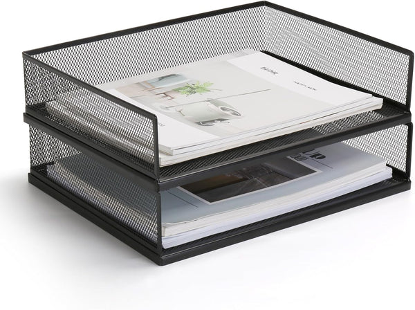 Wire Mesh Paper Tray Desk File Organizer, 2 Pack Stackable Metal Front-Load Document Trays for Office Supplies