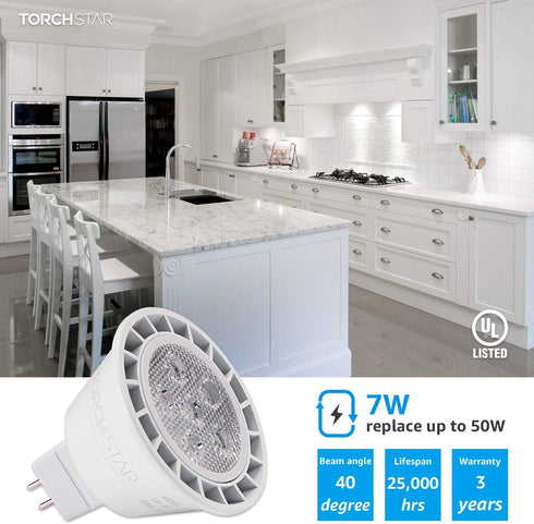 TORCHSTAR MR16 LED Bulb Dimmable, 7W 12V, 490LM (50W Equivalent), 5000K Daylight, GU5.3 Bi-Pin Base, Pack of 6, UL