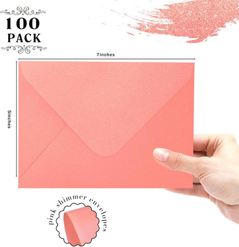 Pink Pearl Envelopes 5x7-100 PCS Goefun Pink Metallic Envelopes, A7 Euro Flap for Wedding Invitations