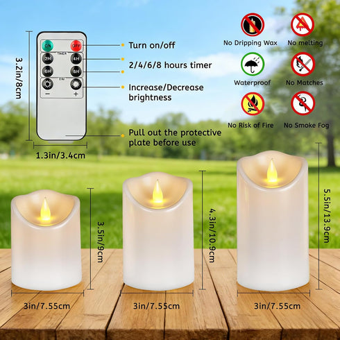 Haown 3D Set 3 Outdoor Flameless Candles, Patented Dual-LED, of Slanted Resin Pillars with Remote, Crisp White