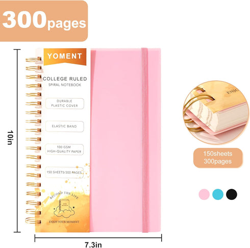 Yoment Spiral Notebook College Ruled 7.3" X 10.2" Large Spiral Notebook 300 Pages Thick Spiral Notebooks for Work Plastic Cover Note Taking Notebook for Women Men School Office,Pink by Yoment