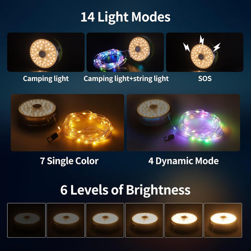 KEIWRLIGHT 32.8FT, 2 1 14 30s IP44 4000mAh Camping String Lights in Outdoor Camping Lantern with Lighting Modes
