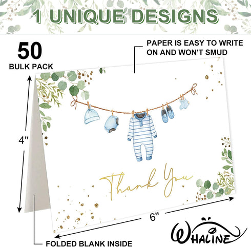 50 Pack Whaline Baby Shower Thank You Cards Boxed Blue Cloth Note Card with Envelopes Stickers Greeting Blank Cards