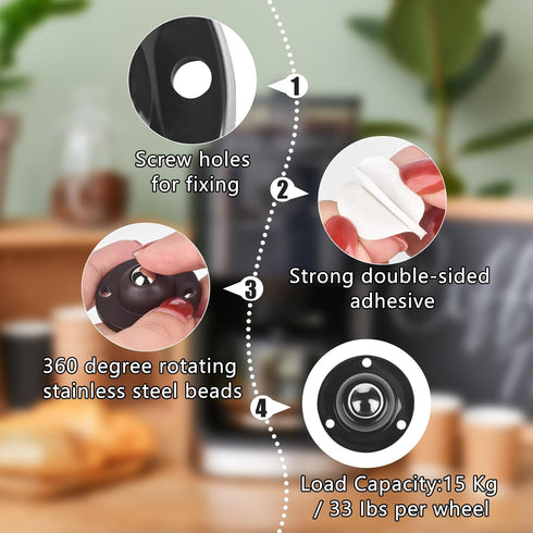 8 Pcs Mini Adhesive Caster Wheels, 3/4 inch Stainless Steel Small Casters for Kitchen Appliance, 55 LBS Capacity