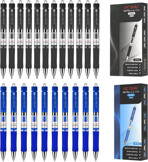 GC QUILL Gel Ink Pens, Premium Refillable & Retractable, 0.5mm Fine Point, 12 Black & 10 Blue Ink Pens