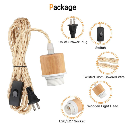 Zevnico 15ft Bulb E26 E27 Wood Pendant Light Cord Kit with Shade Ring and ON Off Switch, Hanging Lamp Kit Plug in Cord
