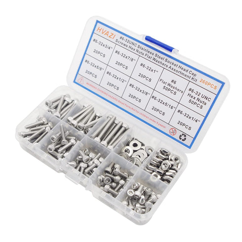 #6-32 UNC Stainless Steel Hex Socket Head Cap Screws, Hex Nuts, Flat Washers Assortment Kit