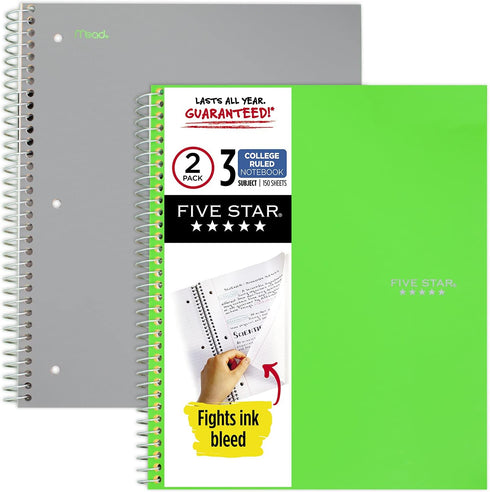 Five Star Spiral Notebooks, 3 Subject, 150 Sheets College Ruled Paper, 11" x 8-1/2", 2 Pack, Gray Lime (38819)