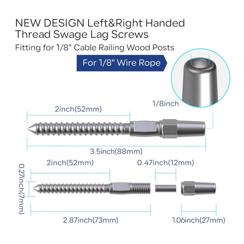 5 Pair Cable Railing Kit, Invisible Crimp Fitting Cable Railing Hardware, Right&Left Handed Thread Swage Lag Screws for Wood Post of 1/8" T316 Steel Cable Railing System, HF016SL