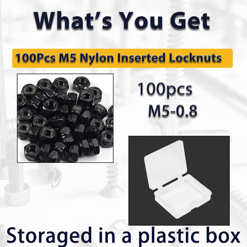 Mriuuod M5 100PCS M5x0.8mm 8mm Locknuts Metric Nylon Inserted Hex Lock Nuts Self-Lock Nylon Insert Carbon Steel Self
