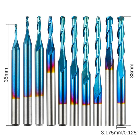 10pcs 2-Flute Nano Blue Coat Ball Nose Spiral End Mill, 1/8'' Shank, 0.8mm-2.5mm Cutting Diameter for CNC Router Bits
