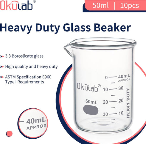 Heavy Duty Glass Beaker Set, Thick-Walled 3.3 Borosilicate Glass Beakers, with Double Scale Printed Graduation, 10pcs of Vol.50ml, HBKG50B10 by Okulab