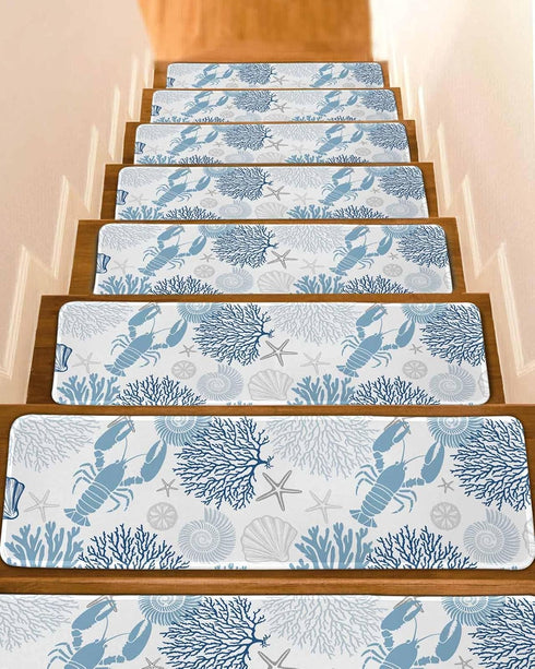 BOHOOSKYLAR Blue Lobster Stair Treads Ocean Starfish Navy Coral Shell Marine Life Indoor