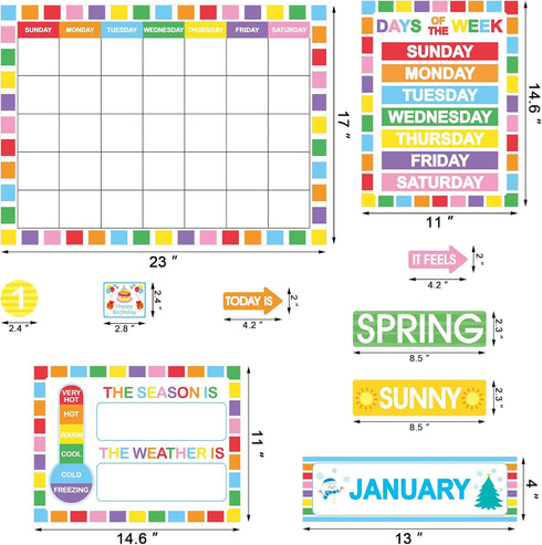 Rainbow Classroom Calendar Bulletin Board Set, Colorful Decoration with Hook and Loop Dot Stickers