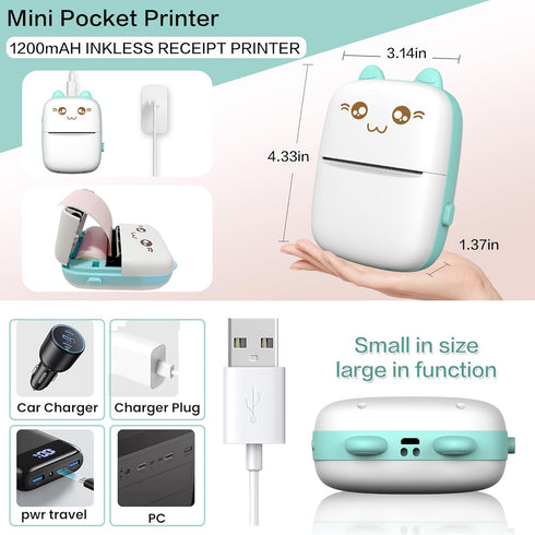 Mini Printer Portable, Inkless Sticker Printer with 8 Rolls Paper, Bluetooth Compatible with iOS + Android