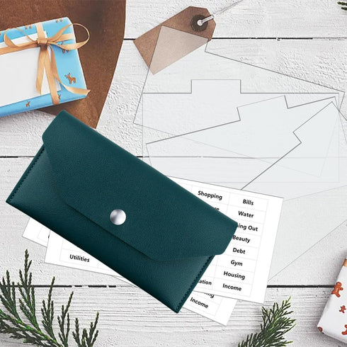 Cash Envelope Wallet, Dark Blue PU Leather with 4 PCS Cash Dividers and 2 Sheets Cash Envelope Tab Stickers