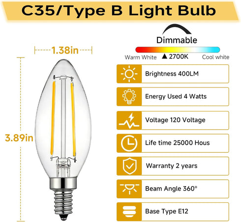 C35/Type E12 Dimmable Bulb, 4W/40W 2700K 400LM, 6-Pack B LED Filament Candle Equivalent Warm White Transparent Glass