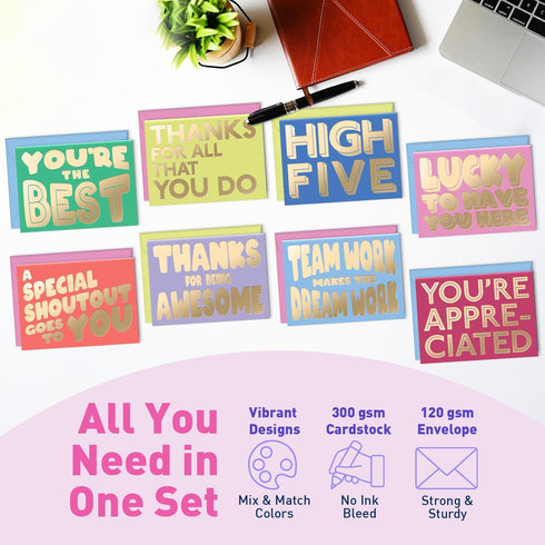 8 4x5.5 S&O Employee Appreciation Cards for Coworkers - Designs - Assorted Thank You Cards with Envelopes - For Office