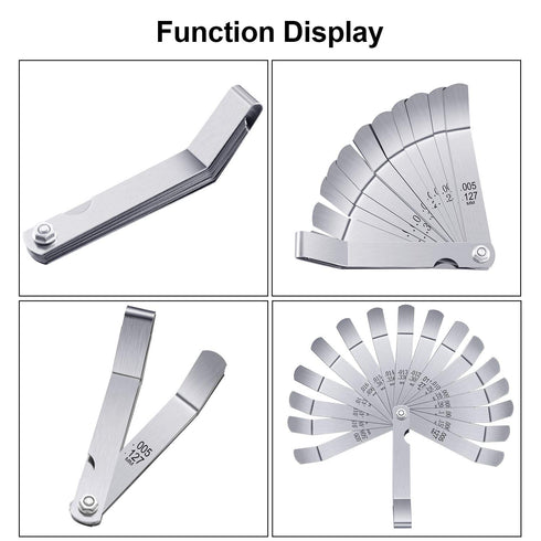 Stainless Steel Feeler Gauge, Dual Marked Metric and Imperial Measuring Tool (0.005/0.127-0.02/0.508 mm, 16 Blades)
