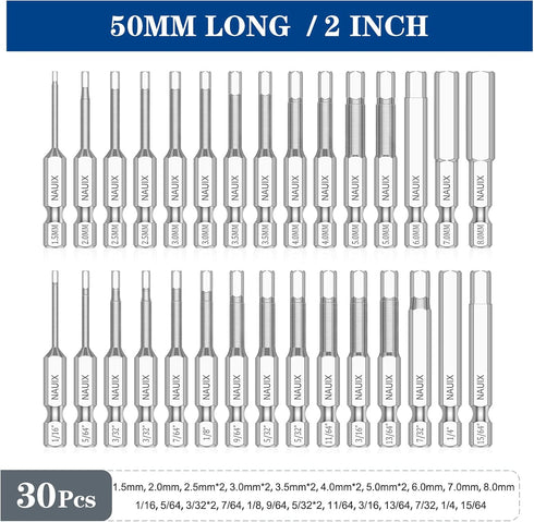 30 Piece Hex Head Allen Wrench Drill Bit Set, 1/4 Inch Hex Shank, Metric and SAE S2 Steel, Magnetic Tips