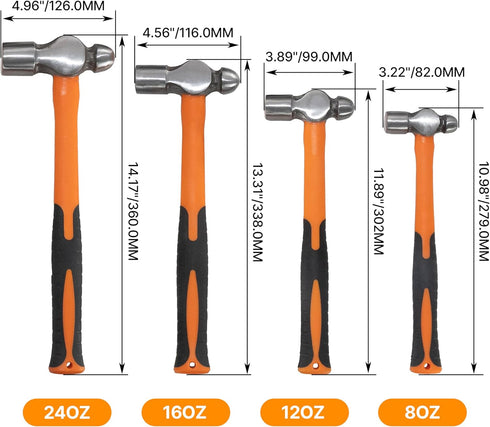 4-Piece Hammer Set, 8 12 16 24oz, Hammer HFS(R) Ball Peen Fiberglass Handle, Blow Striking Ball Pein Handle Tool