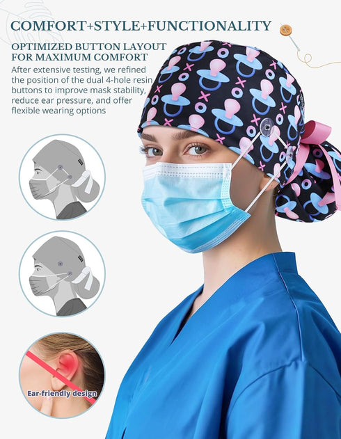 Scrub Caps Women Satin Lined Ponytail, Pacifier Love Black Adjustable Scrub Hats Women with Buttons and Sweatbands