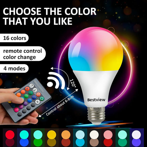 Bestview RGB LED Light Bulb, Color Changing Light Bulbs with Remote Control, RGBW Warm White 5W E27 Screw Base,Mood Flood E26 Light Bulb-16 Color Choices for Home Party Bedroom Outdoor (4 Pack) by Bestview