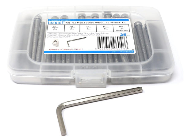 iexcell 25 Pcs Stainless Steel 304 Hex Socket Head Cap Screws Bolts Assortment Kit, M5 x 60/65/70/75/80mm