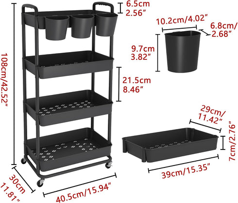 JIUYOTREE 4-Tier Plastic Rolling Storage Cart, Utility Cart with Extra Hanging Cups and Lockable Wheels for Living