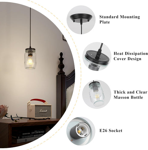 1-Light Glass Pendant Lights Kitchen Island, Black Pendant Light Fixtures with Mason Jar Clear Glass Shade, Farmhouse