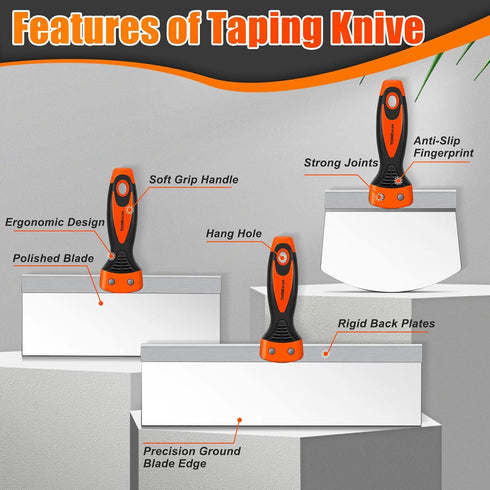 Set, 10Pcs Set, 14" Spackle THINKWORK Drywall Knife Drywall Tools Include Stainless Steel Putty Knife Taping Knives
