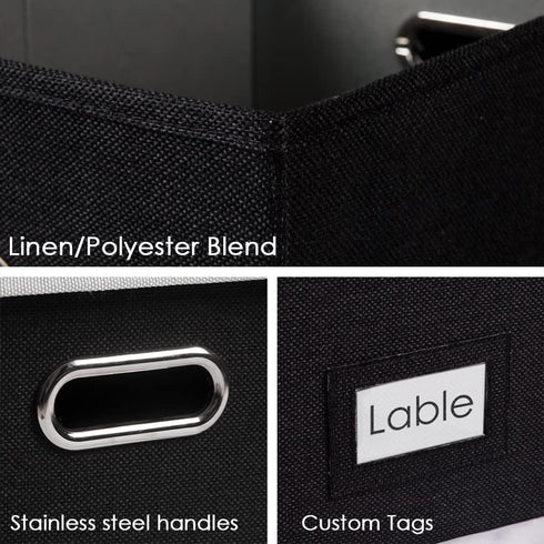 PRANDOM File Organizer Box - Set of 2 Collapsible Decorative Linen Storage with Lids for Office Cabinet (Black)