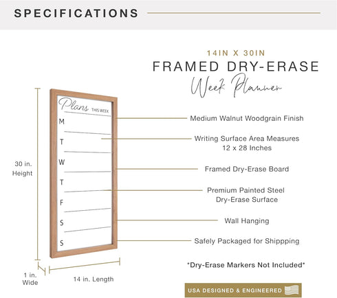 MCS 14x30 Walnut Framed Dry Erase Weekly Planner Whiteboard for Wall, Family Weekly Planner for Events