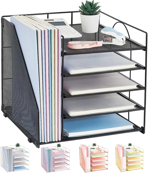 Desk Organizers and Accessories - 5-Tier Paper Letter Tray Organizer with File Holder for Office Supplies