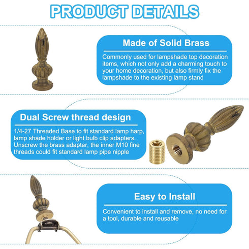 PATIKIL 23.5 73mm 1 Set (Pack 2) x Lamp Finials Caps Knob, Solid Brass Lamp Shade Top Decoration Screw Cap Nuts