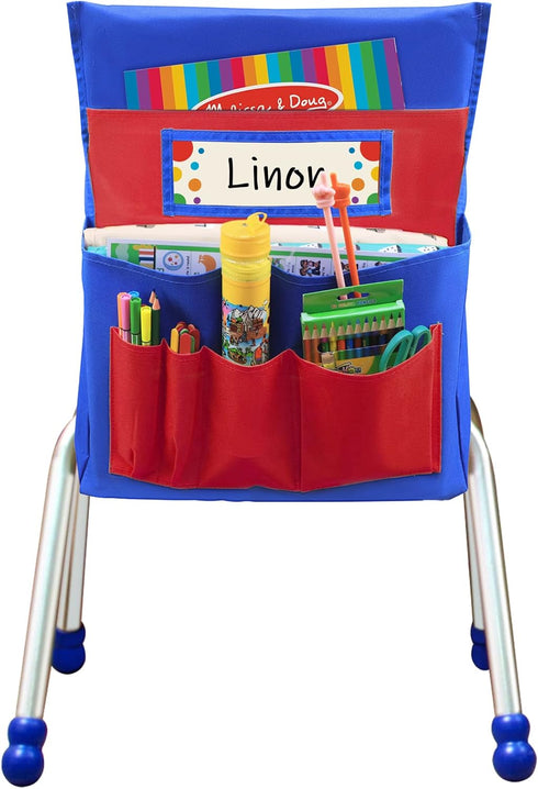 School Seat Chair with Storage Pocket Organizer, Multiple Pockets for Home, Classroom, Preschool (Red+Blue)