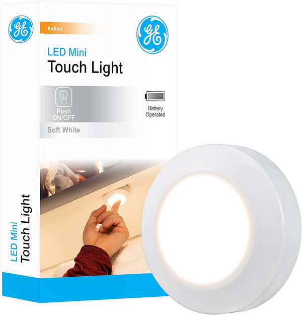 GE Round Mini Touch Light, Battery Operated, White, Push On/Off, Wireless, Emergency