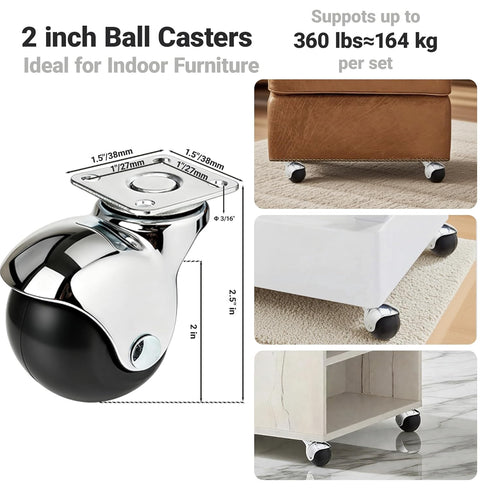 2" 360LBS, Set 4 ENYKE Ball Caster Wheels, Vintage Wheels for Furniture Chrome-Plated Silver Swivel Casters
