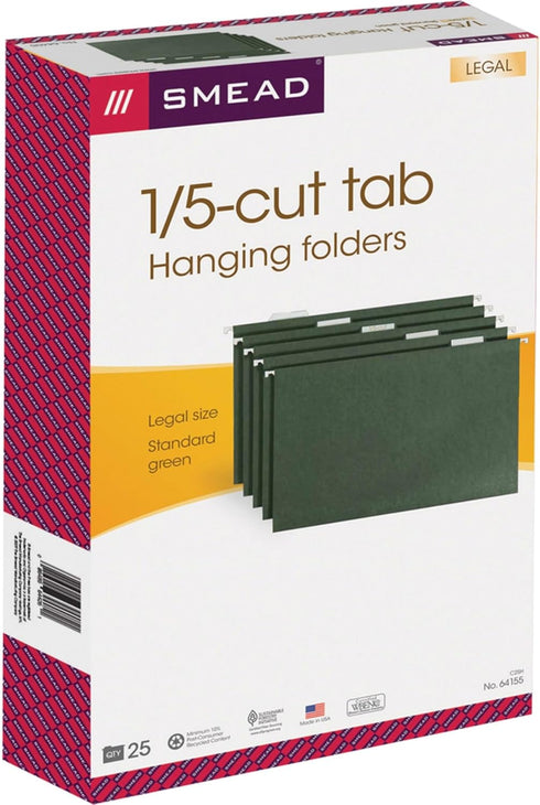 Smead 64155 Hanging File Folders, 1/5 Tab, Legal Green, 25/Box