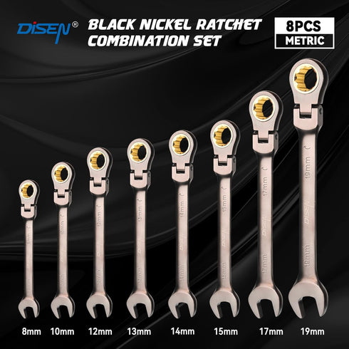 90 Set 8 Set 8 10 12 13 14 15 17 19MM, DISEN Teeth Ratchet Wrenches Pieces, Flex Head Ratcheting Wrench Metric Nickel