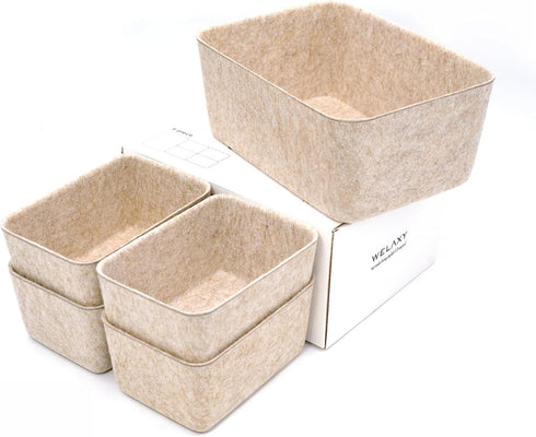Welaxy Drawer Organizers Dividers Storage Bins, Home Office Deep Storage Bin 5-Pack Gift Solutions in Oatmeal