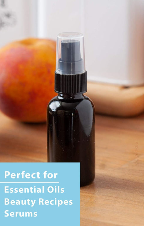 JUVITUS 1 oz / 30 ml Black Glass Boston Round Bottle with Black Treatment Pump (24 Pack) + Funnel