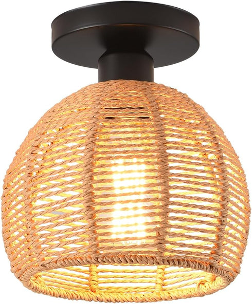 KENMI Hand-Woven Rattan Flush Mount Ceiling Light,Farmhouse Light Fixtures Ceiling Mount Boho for