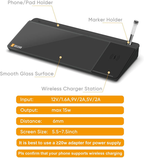 SELEAD Desktop Glass Whiteboard with Wireless Charger Station, Dry Erase Board Computer Pad with Organizer for Home
