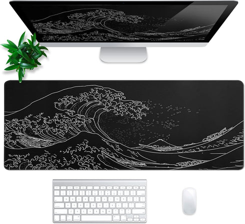 Japanese Gaming Mouse Pad, Abstract Black Sea Wave Texture, 31.5x11.8 Inch Non-Slip Rubber Base