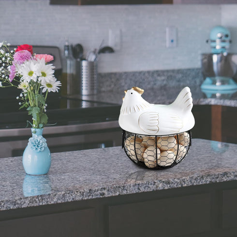 jojofuny Portable Chicken-shaped Storage Basket with Lid, Iron Art Fruit and Vegetable Organizer Box, White with Gold