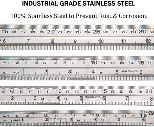 ZZTX Ruler Metal Straight Edge Stainless Steel Ruler Set, 6 Inch, 8 Inch, 12 Inch, 16 Inch, Bulk Set of 4